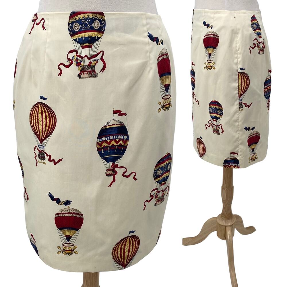 Vintage 90s Talbots Pencil Skirt Hot Air Balloon Print Cotton Ivory NEW Womens 8